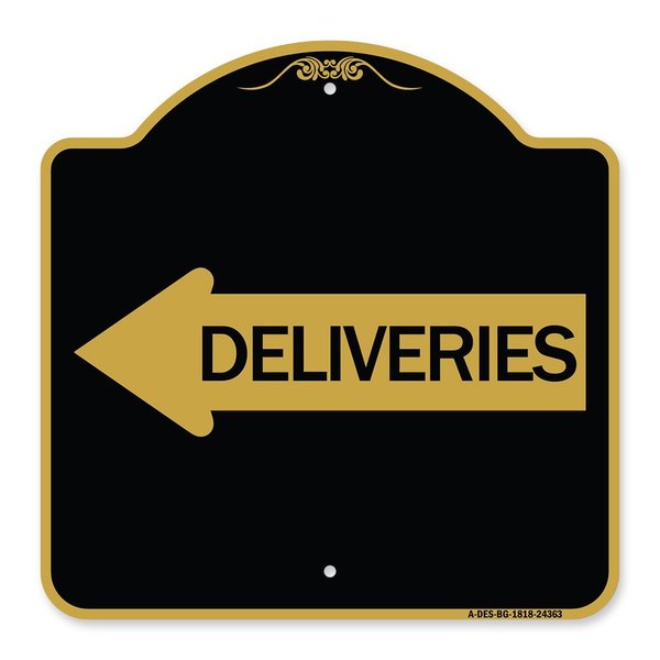 Signmission Designer Series Deliveries W/ Left Arrow, Black & Gold Aluminum Sign, 18" x 18", BG-1818-24363 A-DES-BG-1818-24363